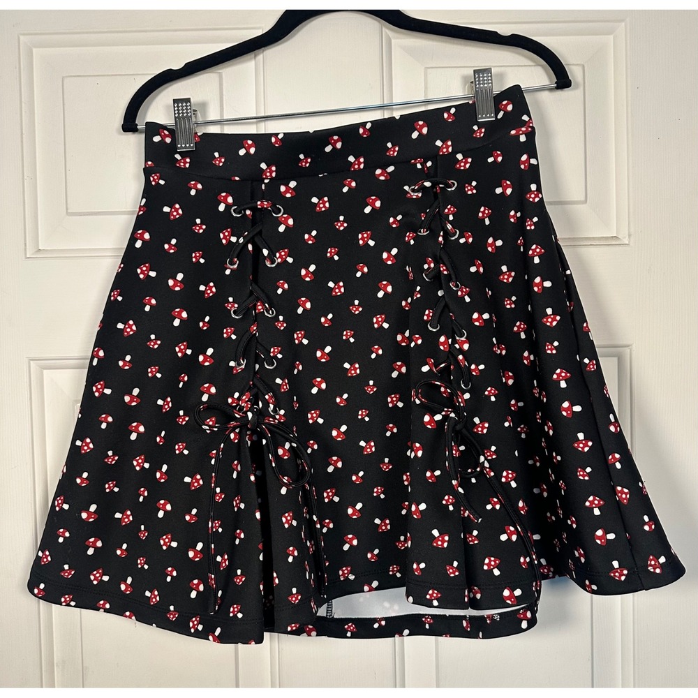 Hot Topic Mushroom Print‎ Lace Up Mini Skirt Black Red White Grommet Women LG